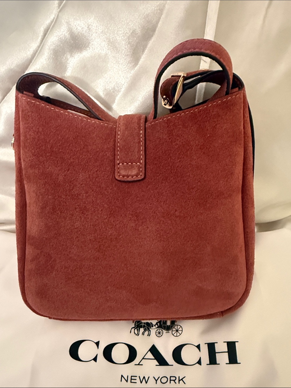 ๐คCOACH NWT Clayโ Suede Hadley Mini Turn-lock Crossbody with Gold Hardware - Picture 4 of 11